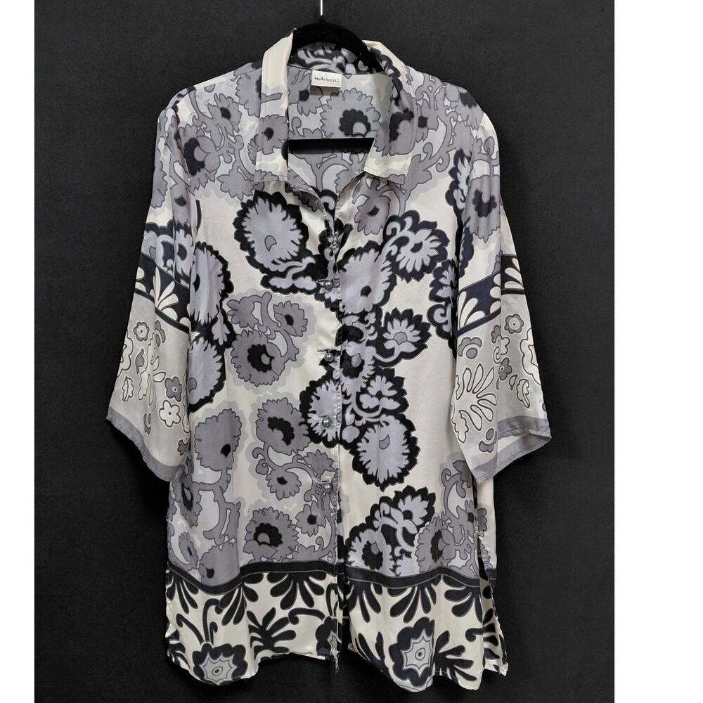 WEILL Silk Floral Blouse Black White 3/4 Sleeve Collared Women Size 18